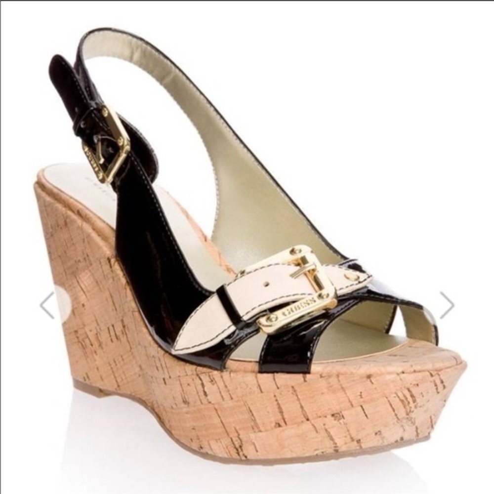 GUESS Women's Sandal Black Brown Wedge Cork Open Toe Slingback - Size 7M